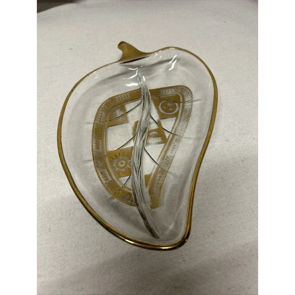Vintage Georges Briard Glass Leaf Tray Gilded Gold‎ Accent Greek Candy Nut Dish